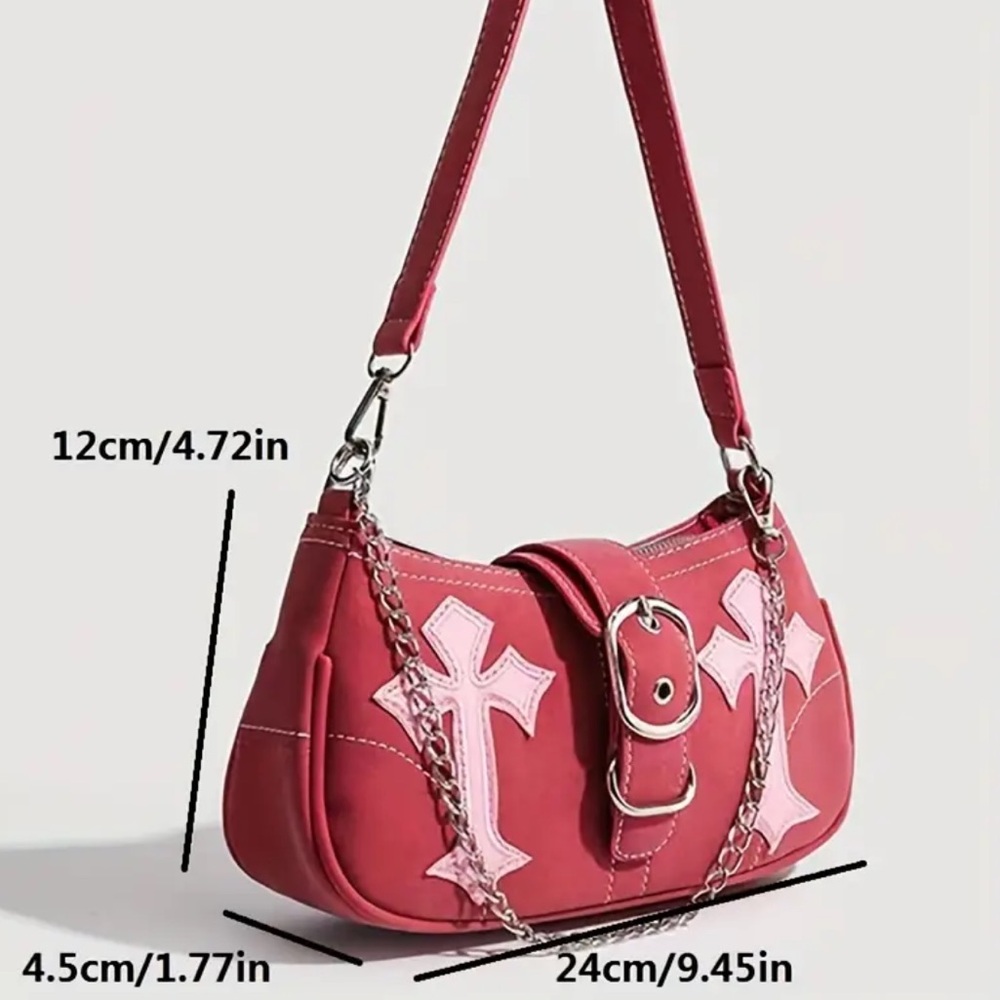 🆕 Y2K Style Satchel Handbag, Vegan Leather Bag -  Chain & Gothic Cross Accents - Picture 6 of 10